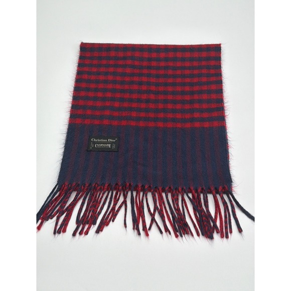 Christian Dior Scarf Mens Red Navy Blue Checkered Cashmaire Acrylic Japan